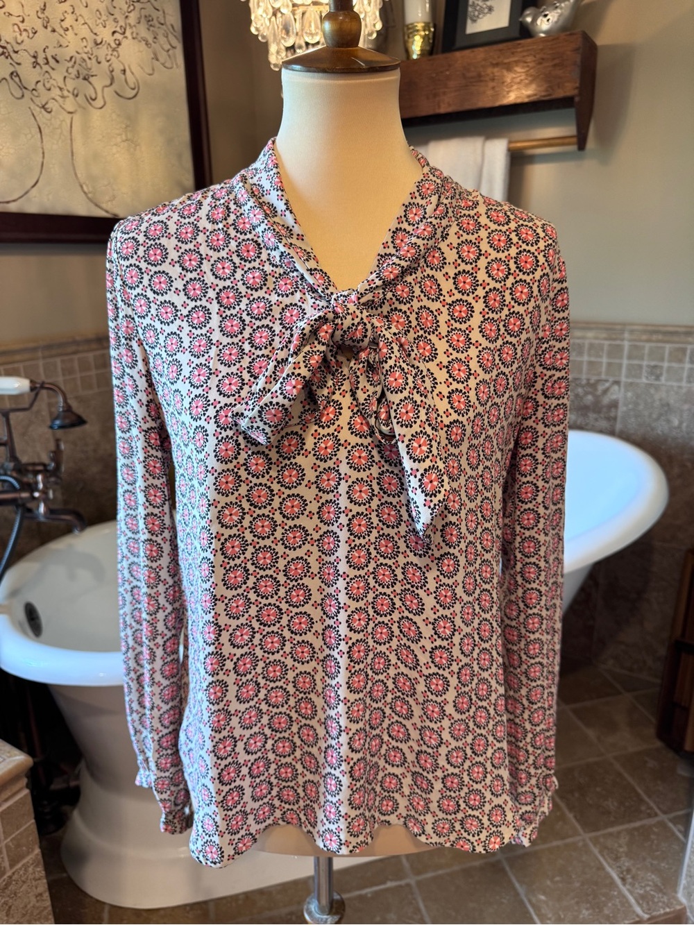 LOFT Pink and White Tie-Neck Printed Blouse small